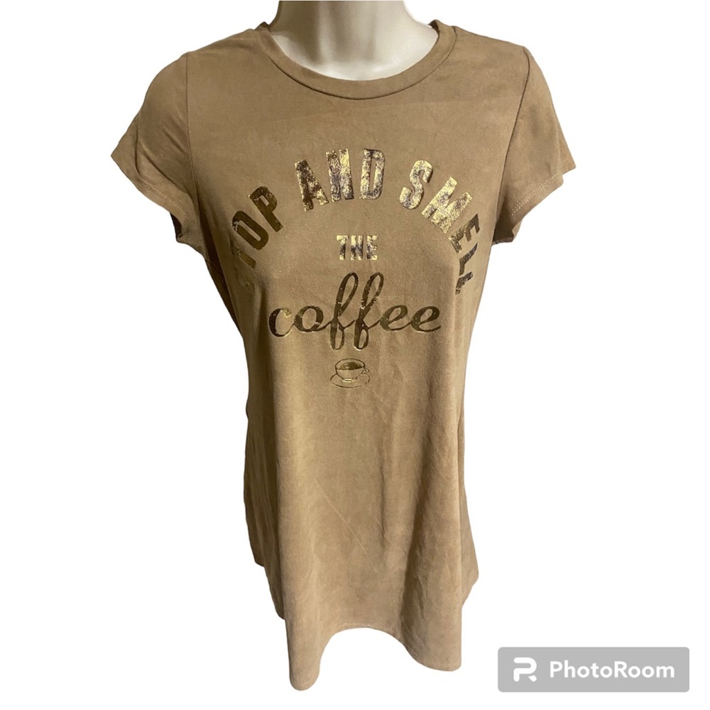 Camel velvet short dress Golden slogan STOP AND SMELL THE COFFEE Tan brown